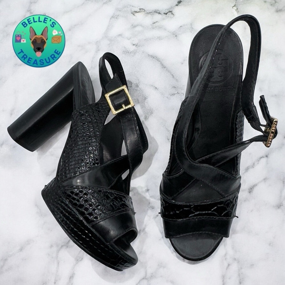 Tory Burch Shoes Deidre Women's 6 Black Leather Snakeskin Sling Block Heels $278